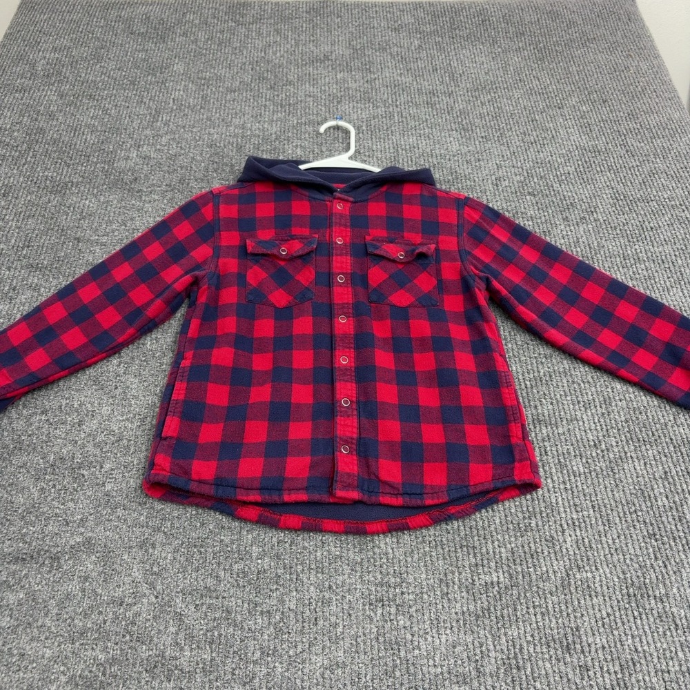 LL Bean Flannel Shirt Kids S8 Red Cotton Fleece Lined Hooded Plaid Casual
